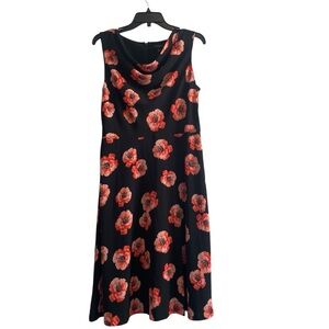 TALBOTS Size 8 A-Line Dress Black Pink Floral Cowl Neck Sleeveless Lined